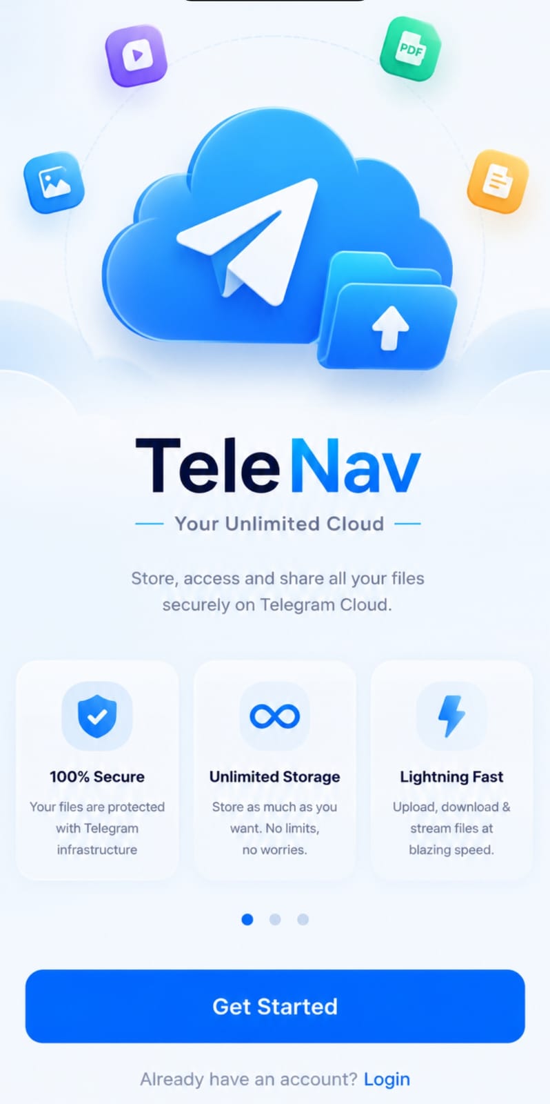 TeleNav welcome screen with Get Started button