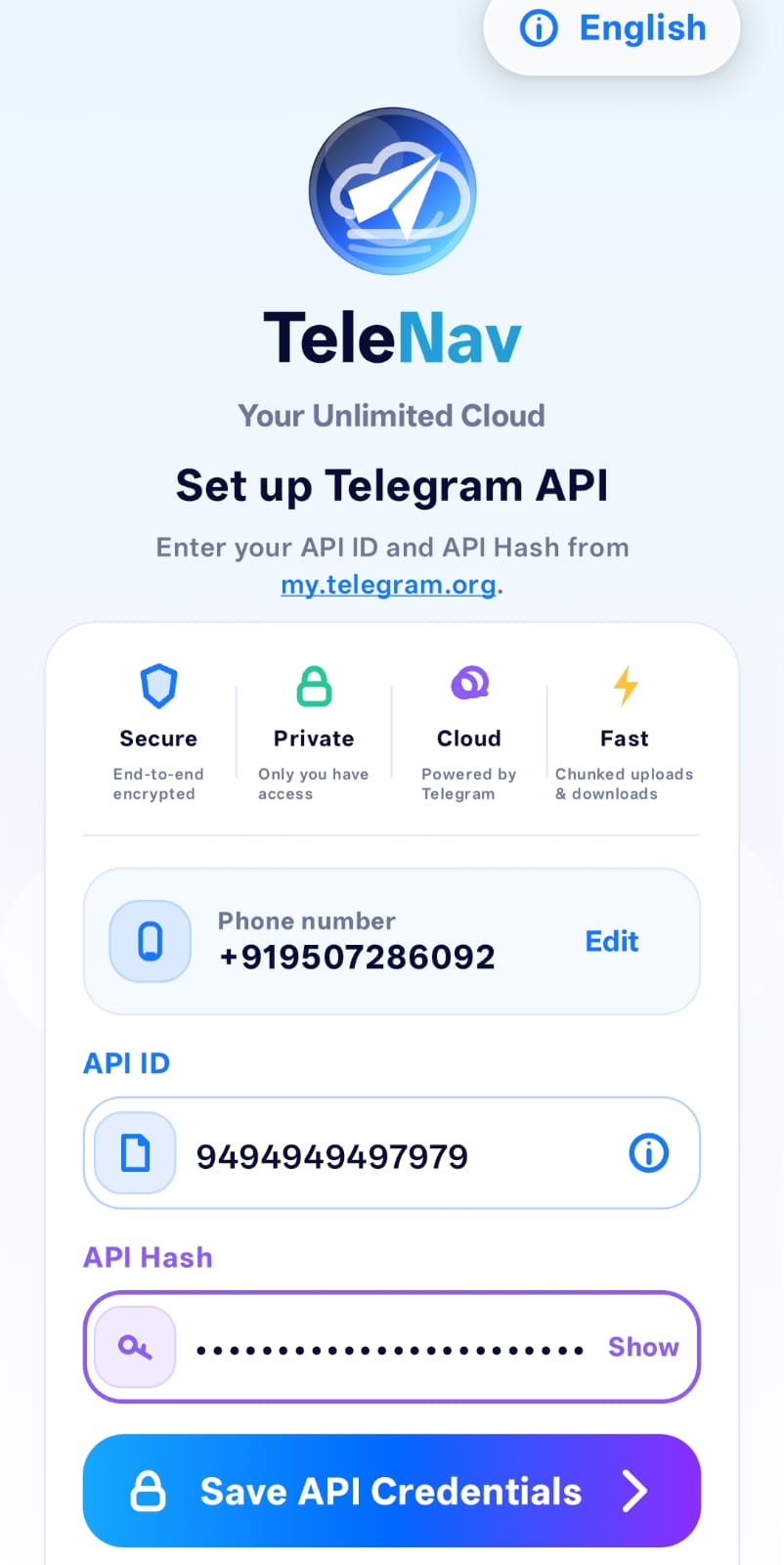 Telegram API credentials filled form