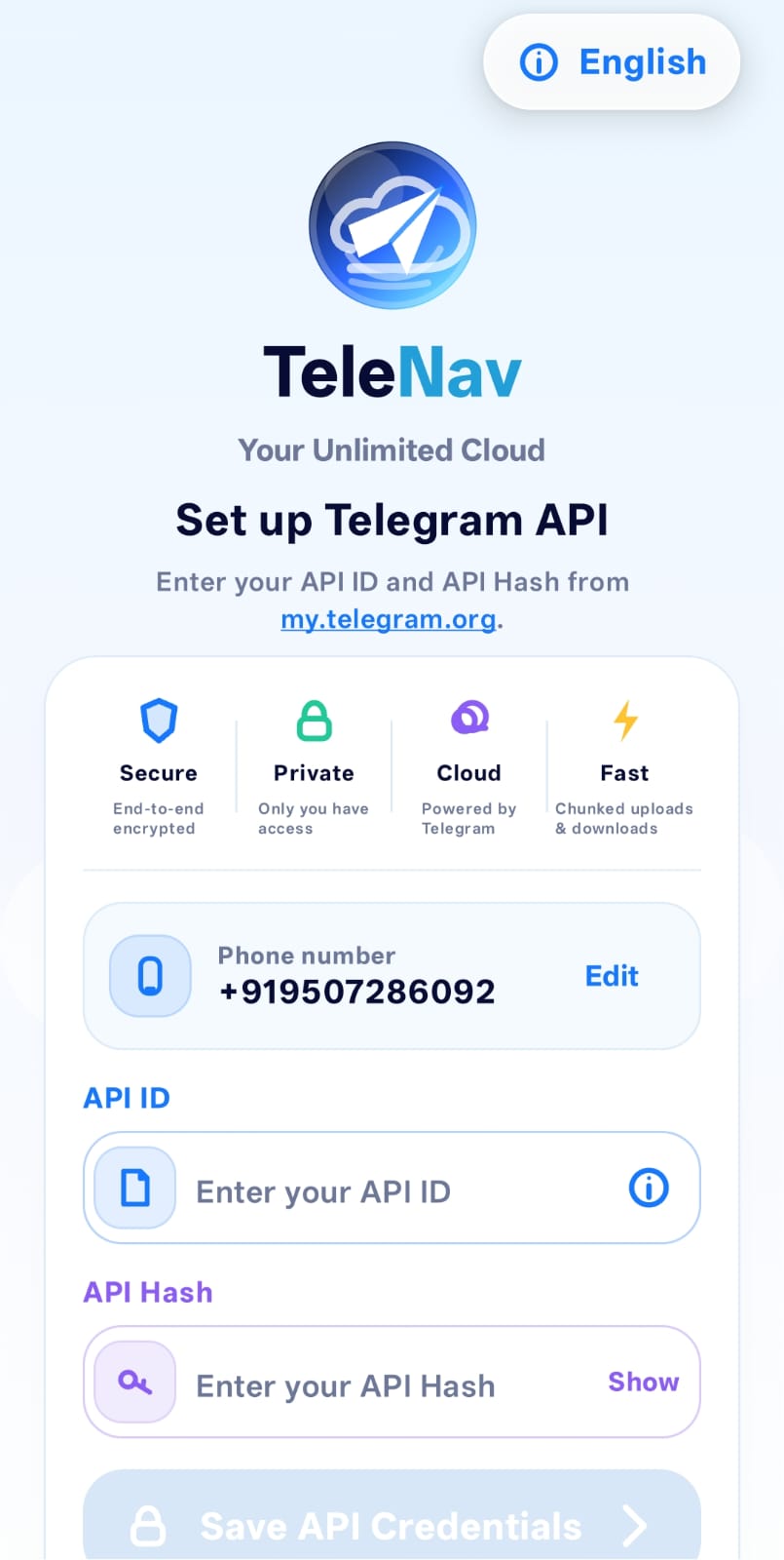 Telegram API credentials empty form