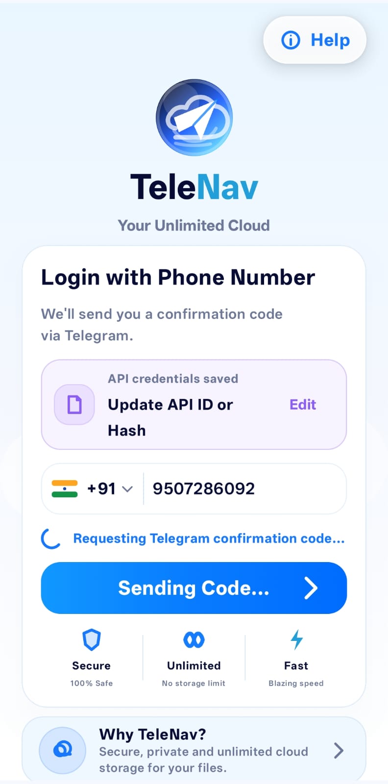 TeleNav requesting Telegram confirmation code