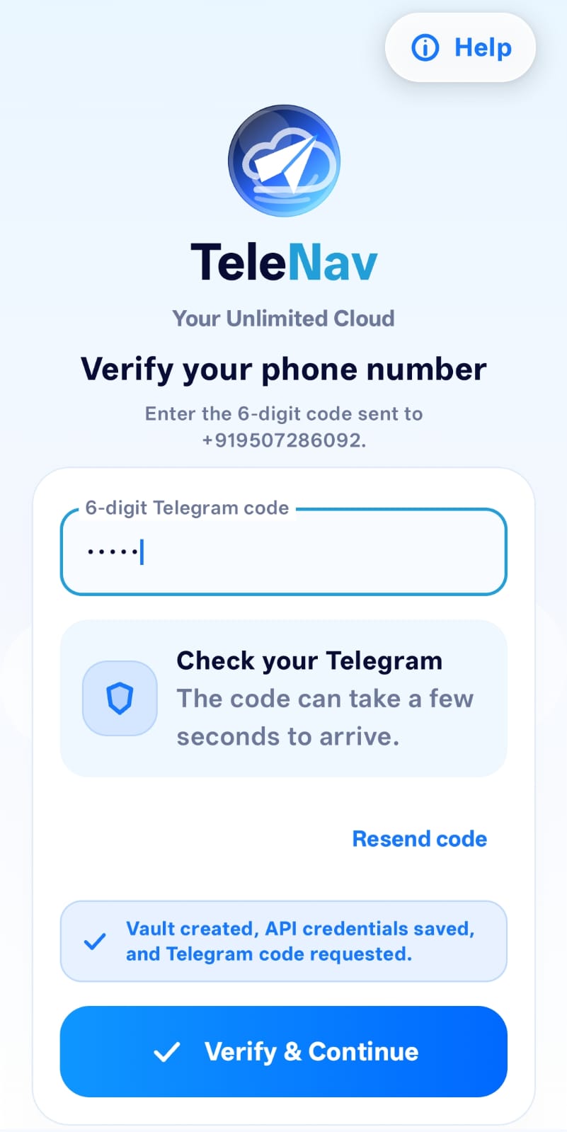 TeleNav OTP verification screen