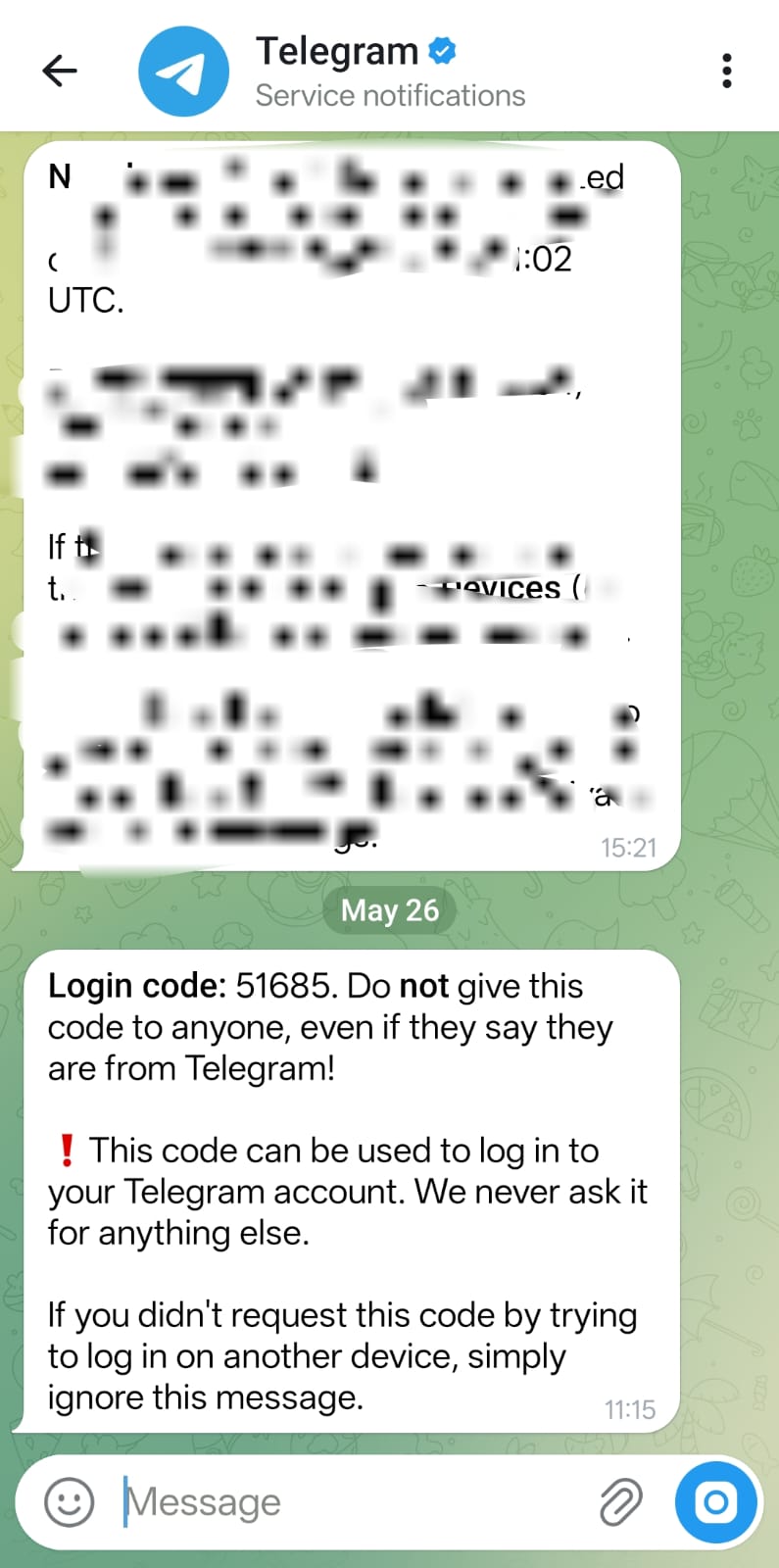 Telegram login code message