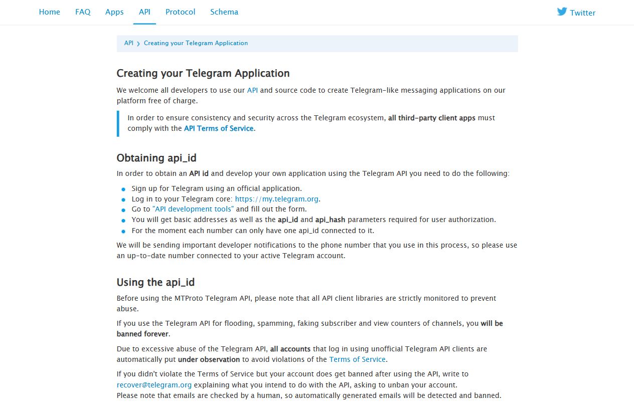 Official Telegram documentation explaining how to obtain api_id and api_hash
